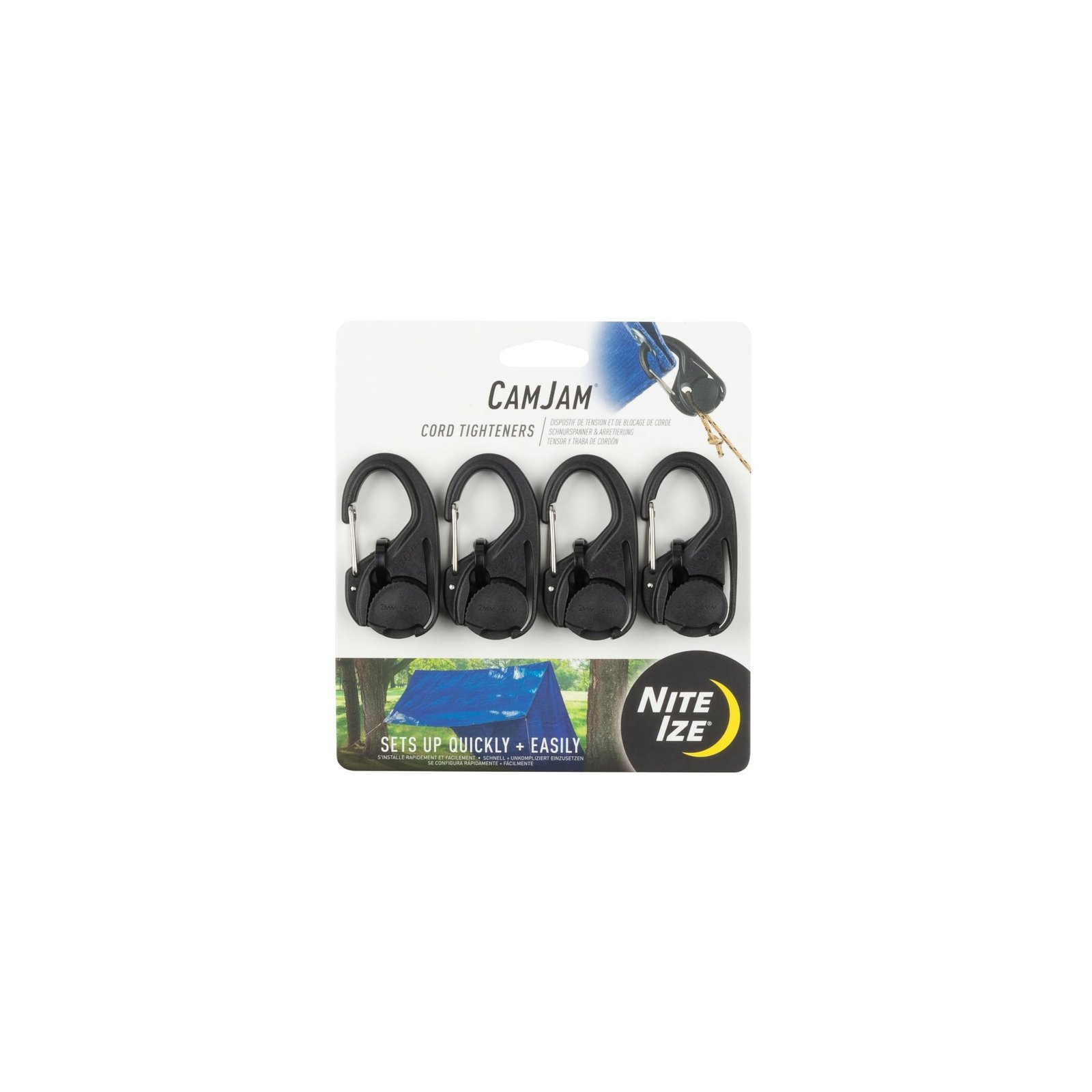 Version 1.0.0 Nite Ize CamJam Cord Tightener - Adjustable Rope System for Camping & Hiking Gear - Carabiner Clip & Cam-Locking Mechanism - Rotatable Cam Design - Lightweight & Durable - Cord Tightener 4-Pack - Image 1