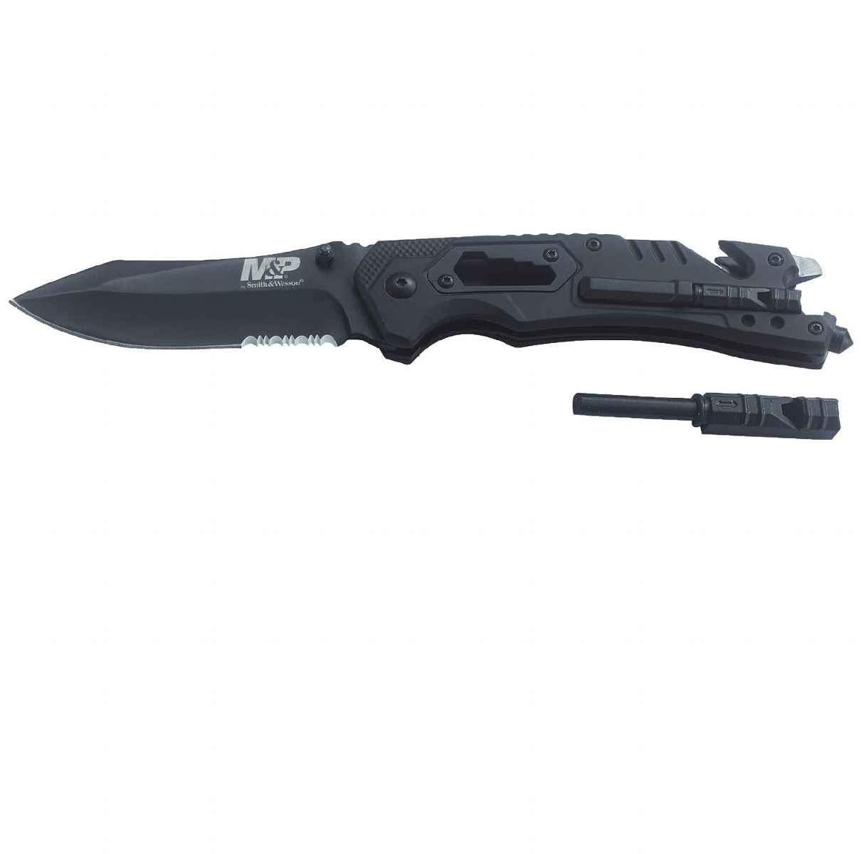 Version 1.0.0 Smith & Wesson M&P 8.5in High Carbon S.S. Spring Assisted Folding Knife with 3.5in Serrated Drop Point Blade and Rubber Handle for Outdoor Survival and EDC,Tan - Image 1