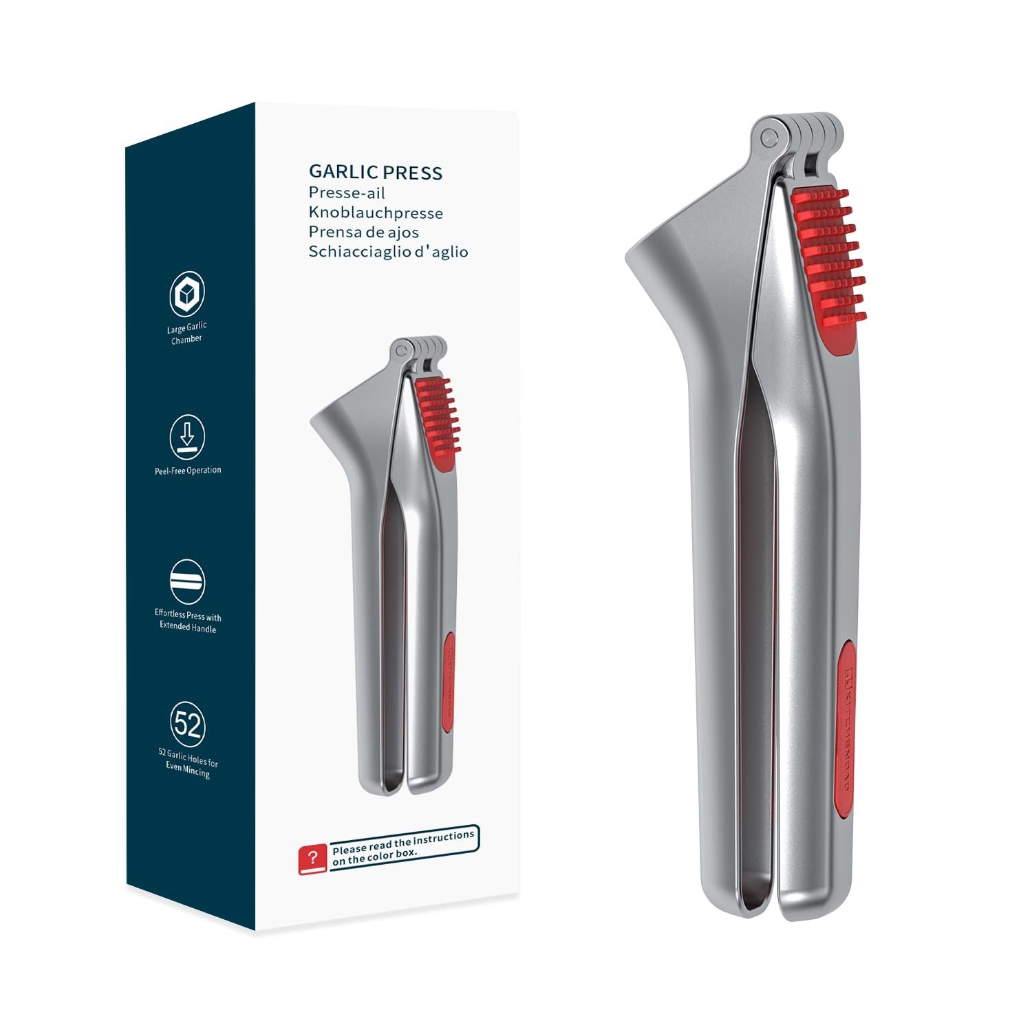 Version 1.0.0 KITCHENDAO Heavy-duty Garlic Press with Built-in Scraper & Cleaning Pusher, No Peeling Garlic Crusher with Large Chamber, Zinc Alloy Garlic Mincer, Dishwasher Safe - Image 1