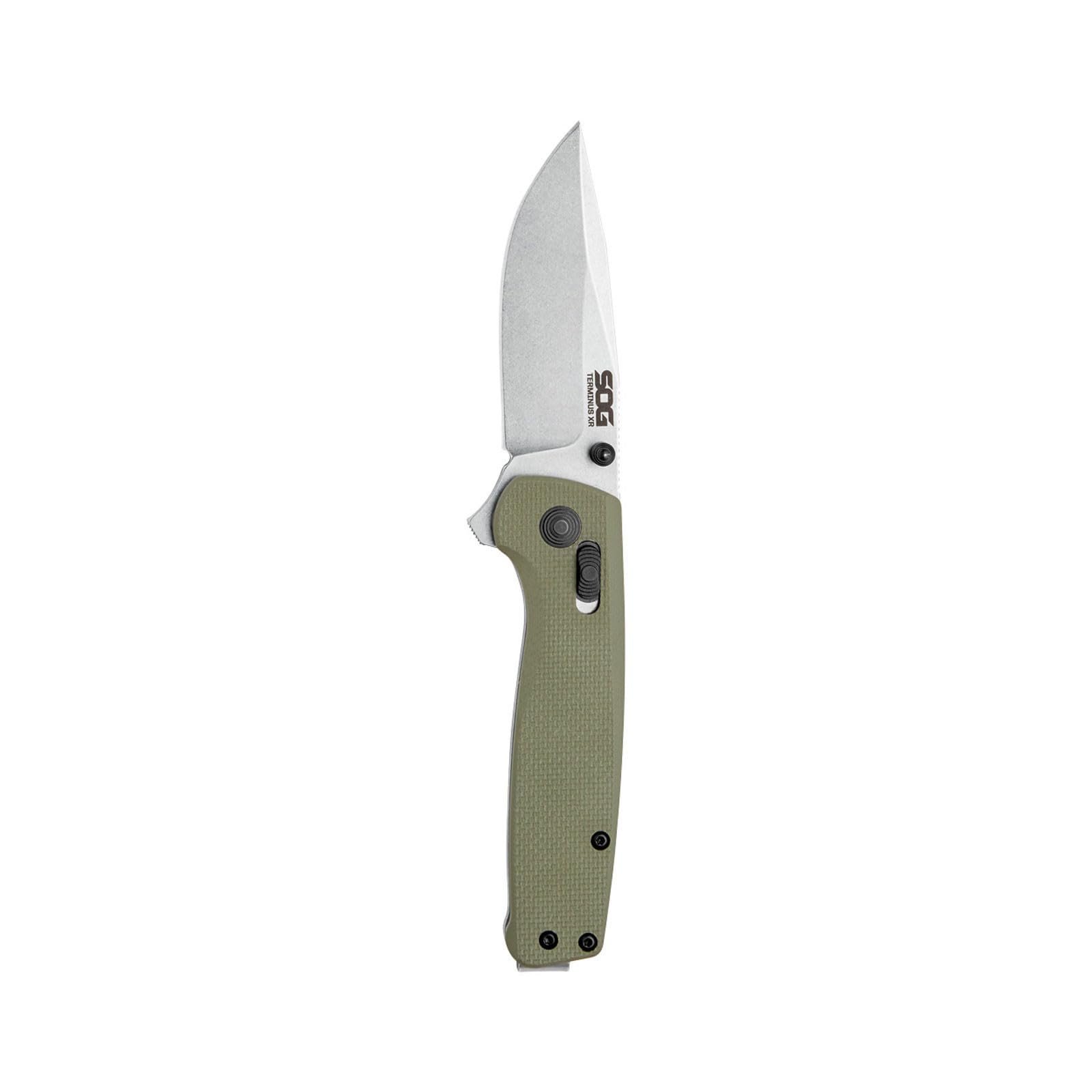 Version 1.0.0 SOG Hunting High Carbon Steel Ambidextrous Carry EDC 2.95' Sharp Blade Terminus XR OD Green Folding Knife - Image 1